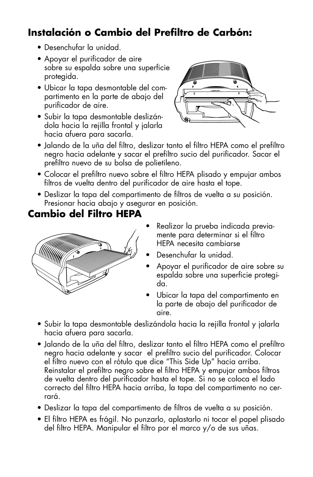 Essick Air 127-001 manual Instalación o Cambio del Preﬁltro de Carbón, Cambio del Filtro HEPA 