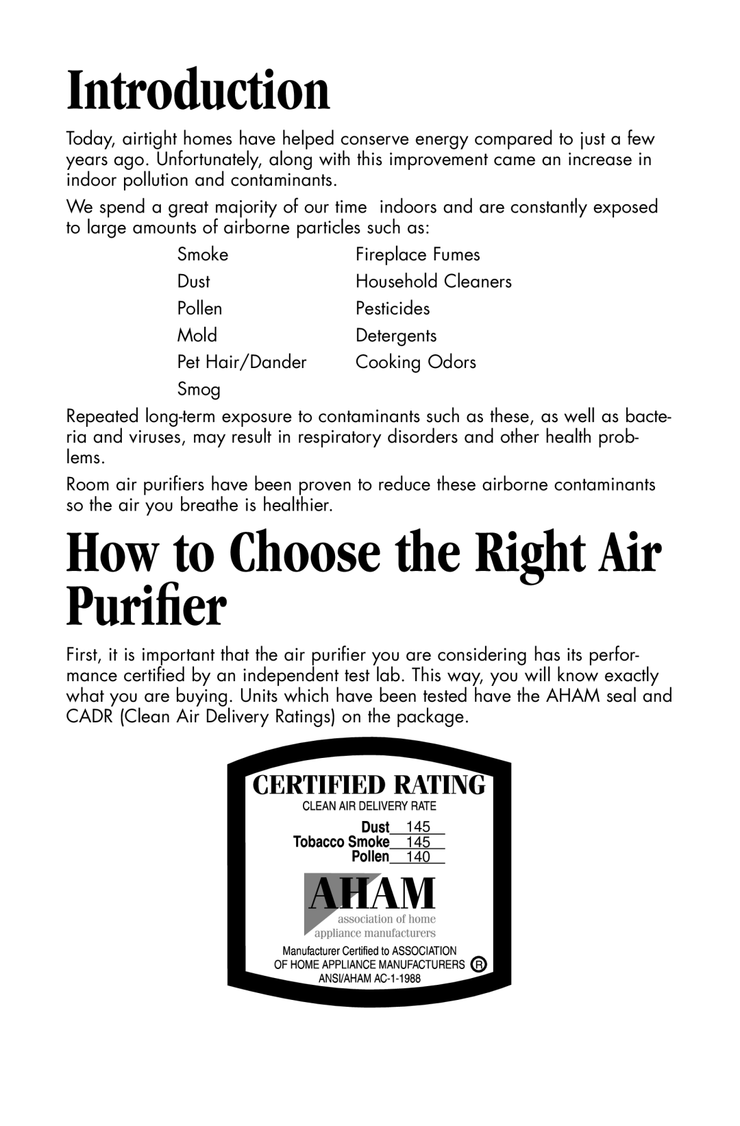 Essick Air 127-001 manual Introduction, How to Choose the Right Air Puriﬁer 
