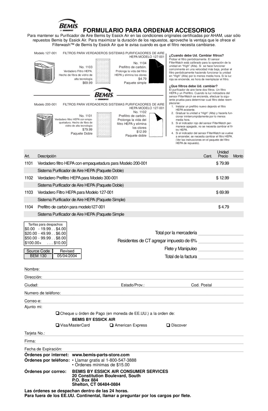 Essick Air 127-001 manual Formulario Para Ordenar Accesorios, P.O. Box Shelton, CT 