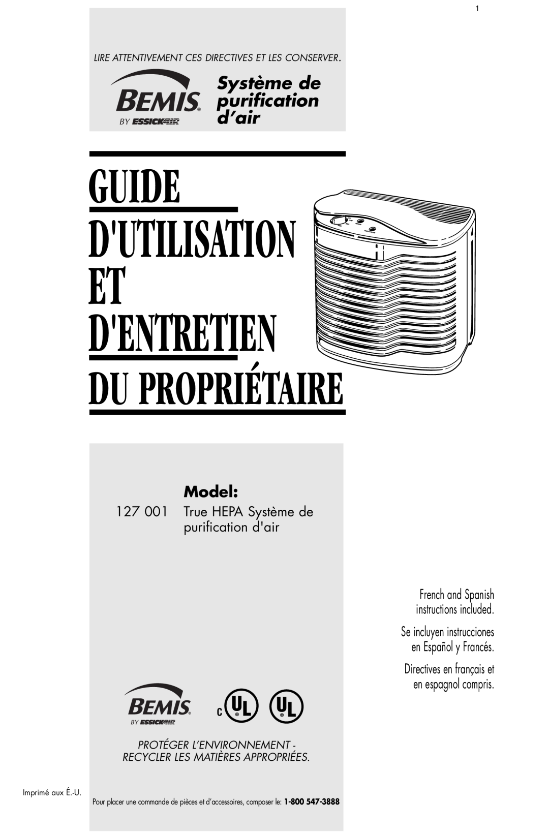 Essick Air 127-001 manual Guide, Système de puriﬁcation d’air, Du Propriétaire, Dutilisation Et Dentretien, Model 