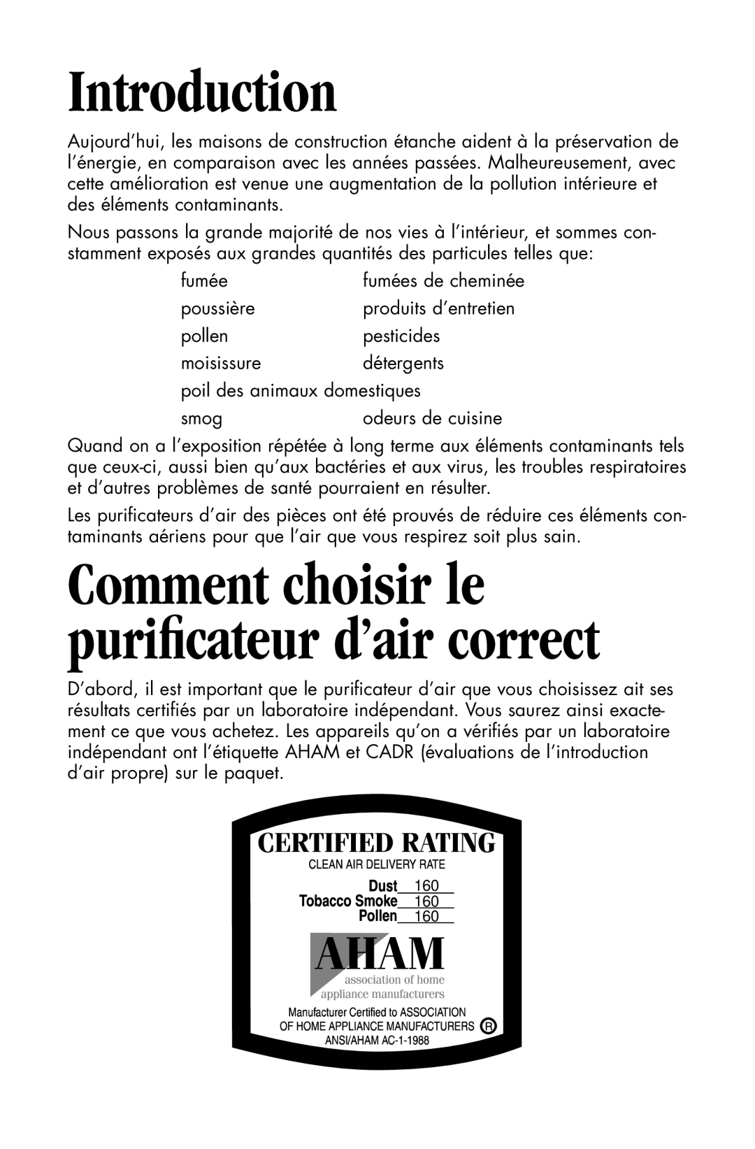 Essick Air 127-001 manual Introduction, Comment choisir le puriﬁcateur d’air correct 
