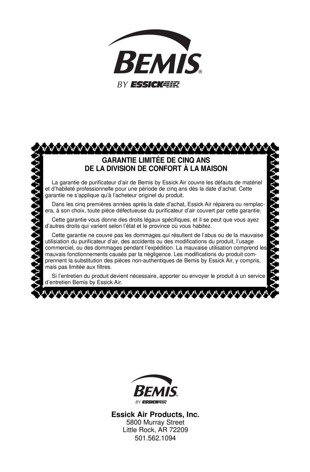 Essick Air 127-001 manual Garantie Limitée De Cinq Ans, De La Division De Confort À La Maison, Essick Air Products, Inc 
