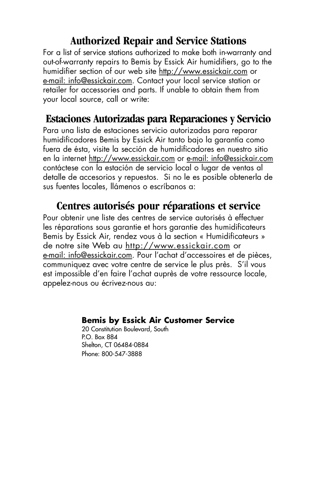 Essick Air 127-001 manual Authorized Repair and Service Stations, Centres autorisés pour réparations et service 