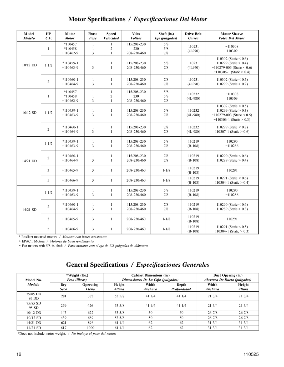 Essick Air 21 DD, 14 DD installation instructions General Speciﬁcations, Especiﬁcaciones Generales 