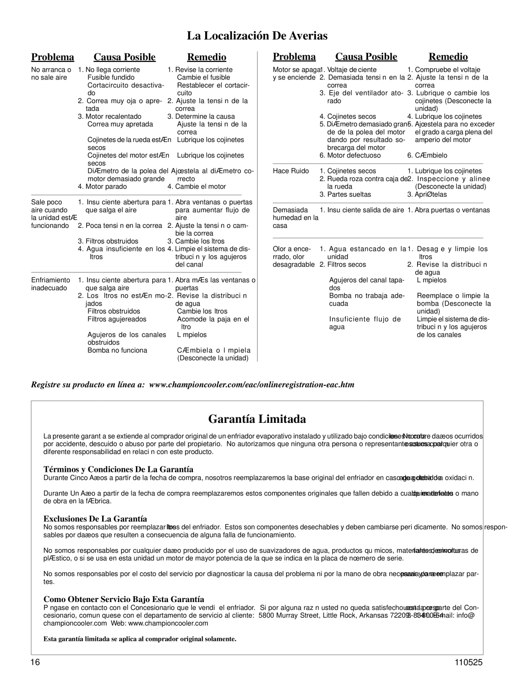 Essick Air 21 DD, 14 DD La Localización De Averias, Garantía Limitada, Problema Causa Posible Remedio 