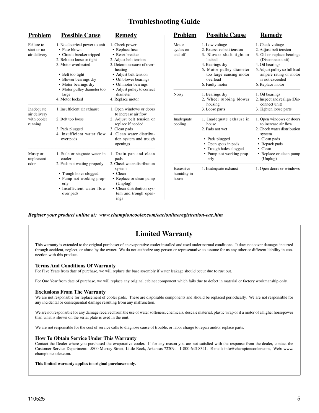 Essick Air 14 DD, 21 DD installation instructions Troubleshooting Guide, Limited Warranty, Problem Possible Cause Remedy 