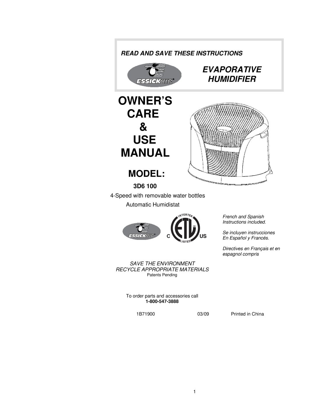 Essick Air 3D6 100 manual OWNER’S Care USE Manual 