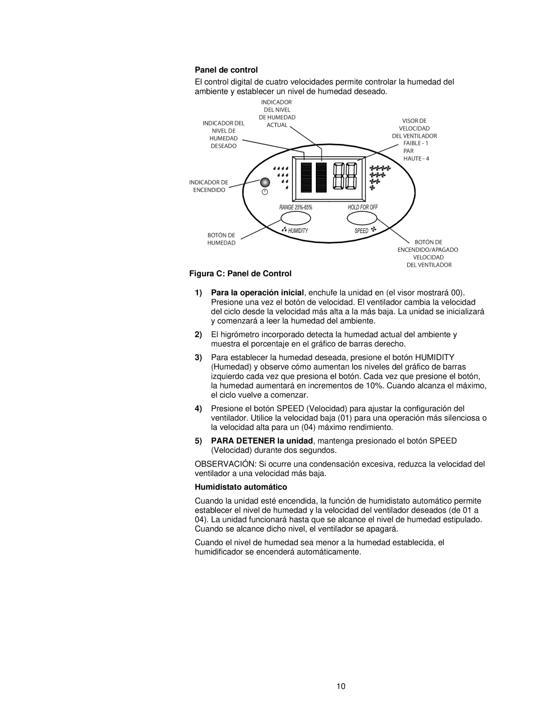 Essick Air 3D6 100 manual Panel de control, Humidistato automático 