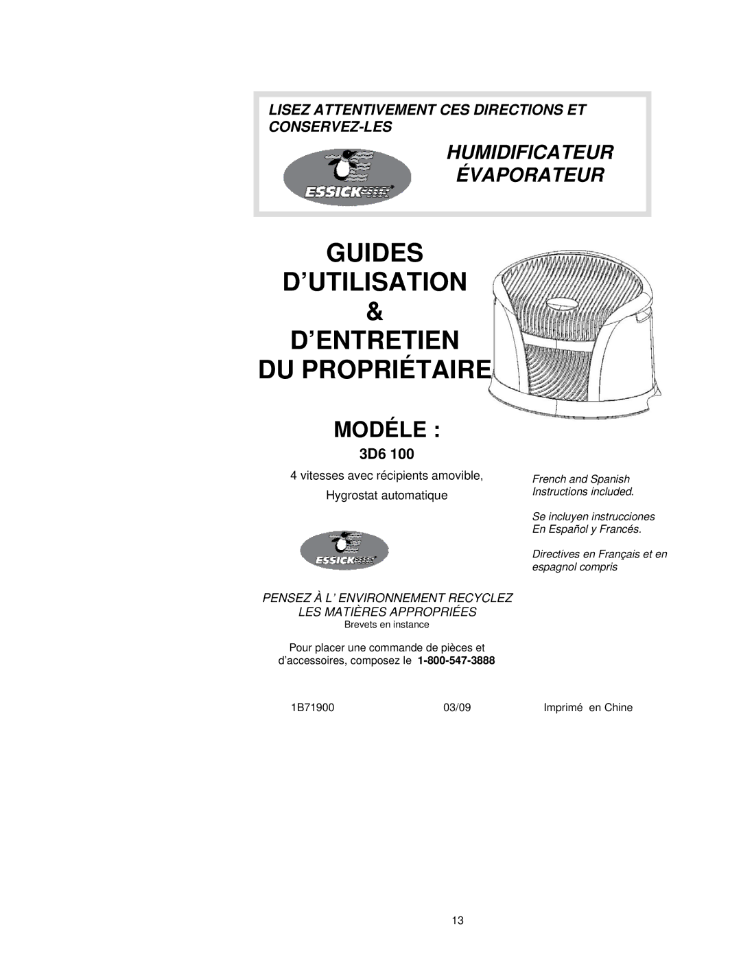 Essick Air 3D6 100 manual Guides ’UTILISATION ’ENTRETIEN DU Propriétaire 