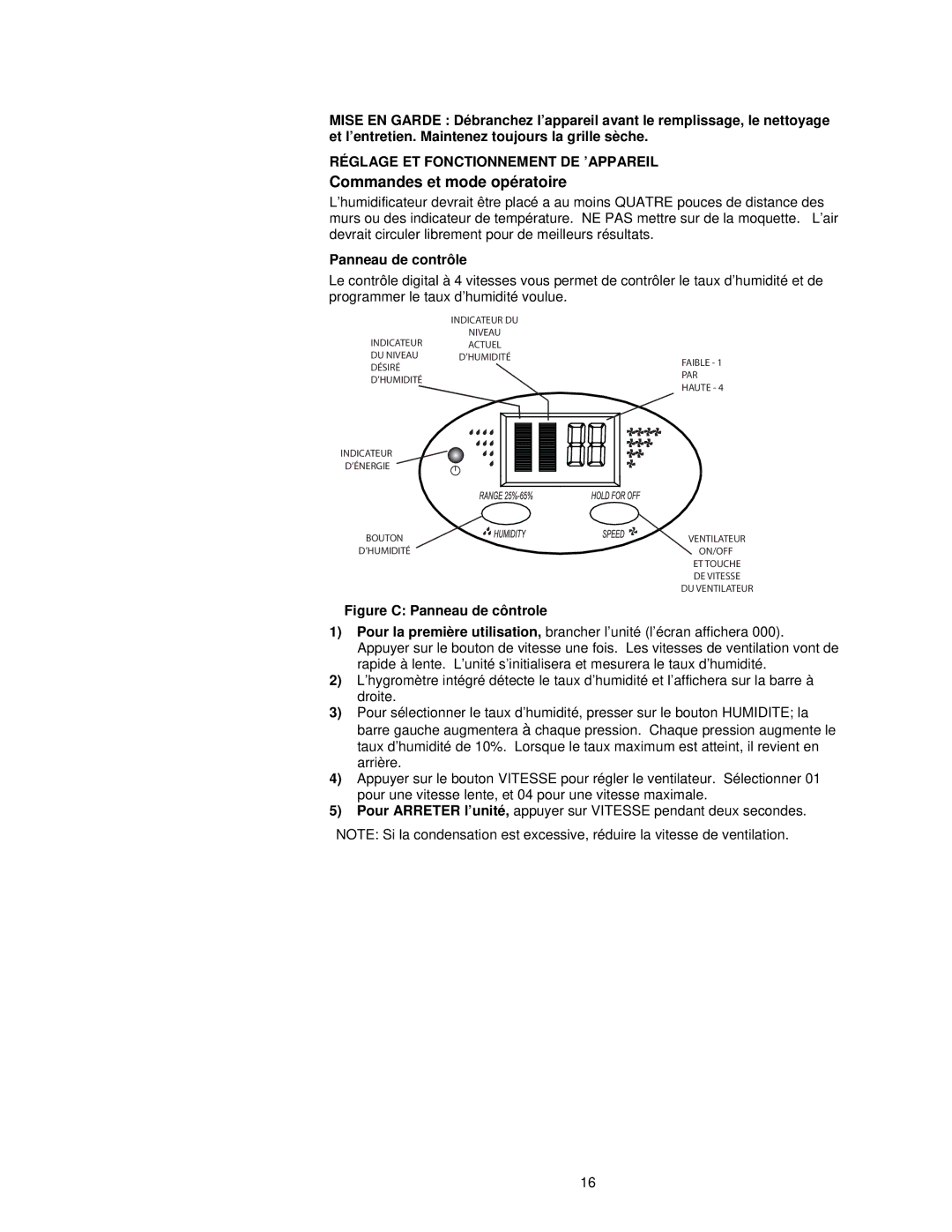 Essick Air 3D6 100 manual Réglage ET Fonctionnement DE ’APPAREIL, Panneau de contrôle 