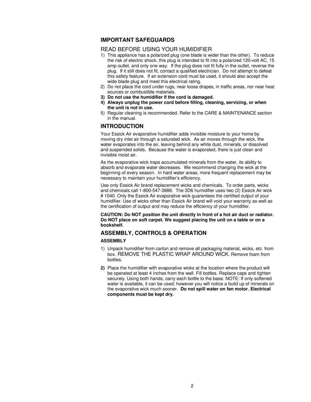 Essick Air 3D6 100 manual Important Safeguards, Introduction, ASSEMBLY, Controls & Operation, Assembly 