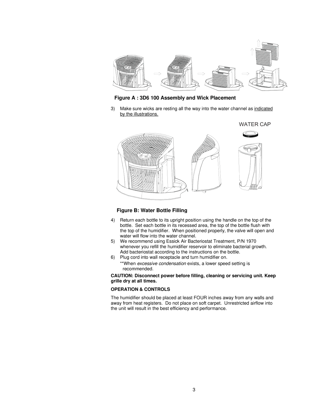 Essick Air 3D6 100 manual Water CAP, Operation & Controls 