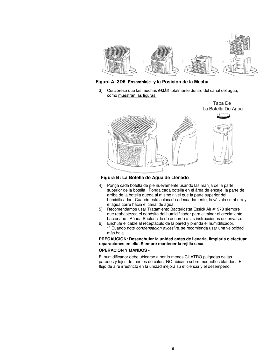 Essick Air 3D6 100 manual Tapa De La Botella De Agua, Operación Y Mandos 