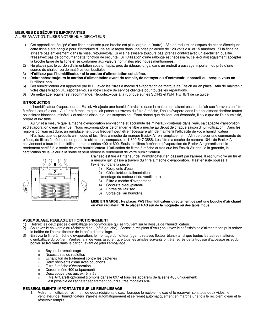 Essick Air 697 500, 447 302, 4D7 300 Mesures DE Sécurité Importantes, Introduction, ASSEMBLAGE, Réglage ET Fonctionnement 