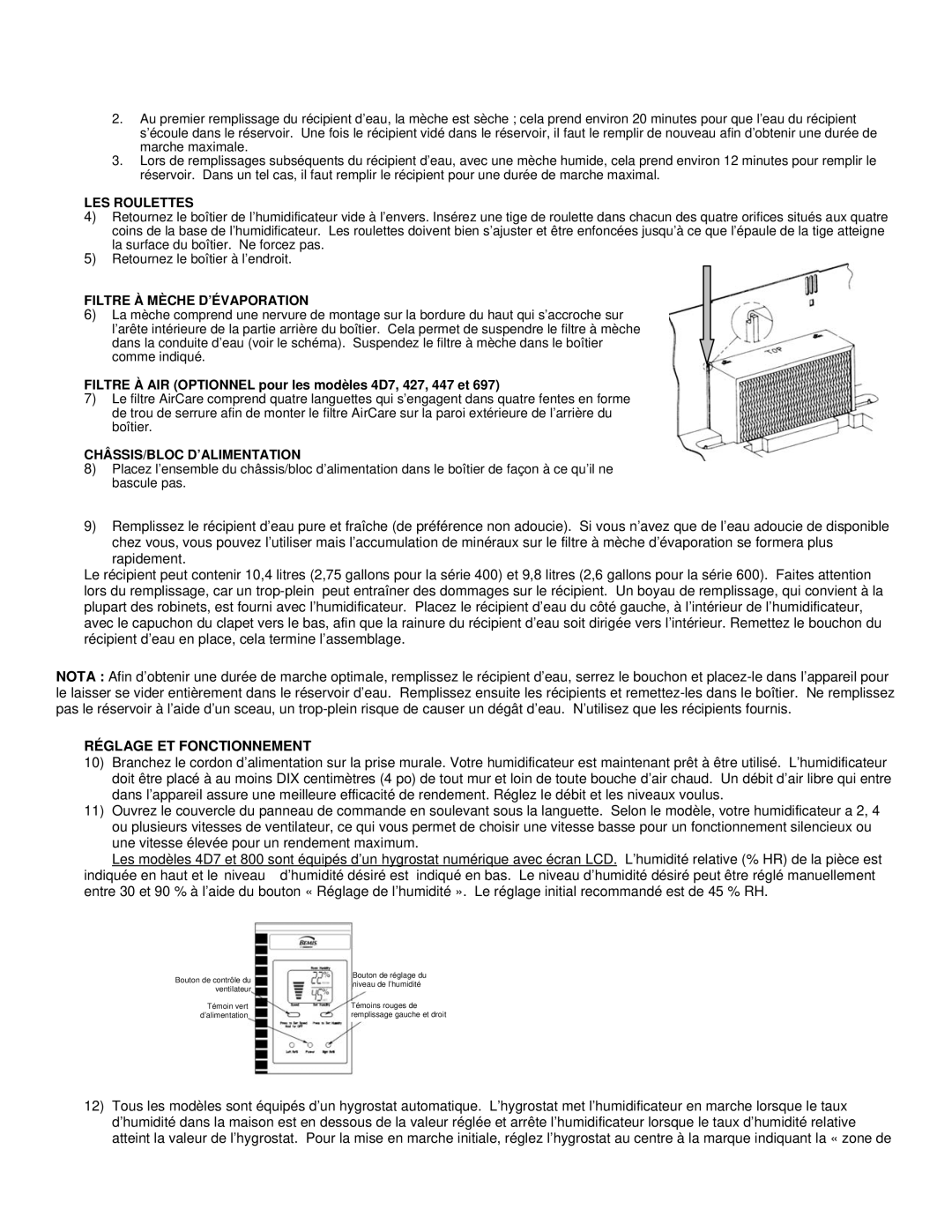 Essick Air 4D7 300 Réglage ET Fonctionnement, LES Roulettes, Filtre À Mèche D’ÉVAPORATION, Châssis/Bloc D’Alimentation 