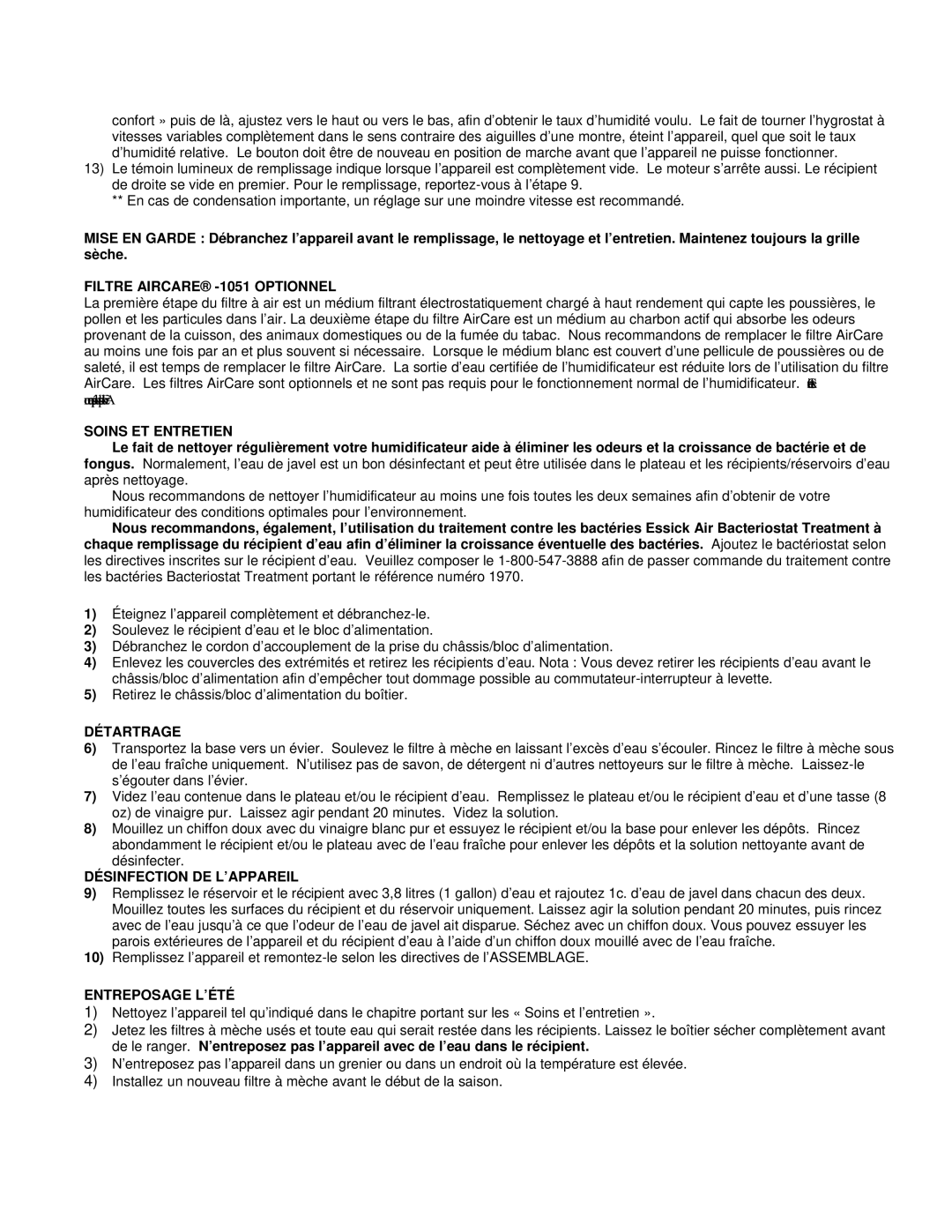 Essick Air 447 302, 697 500 Filtre Aircare -1051 Optionnel, Soins ET Entretien, Détartrage, Désinfection DE L’APPAREIL 