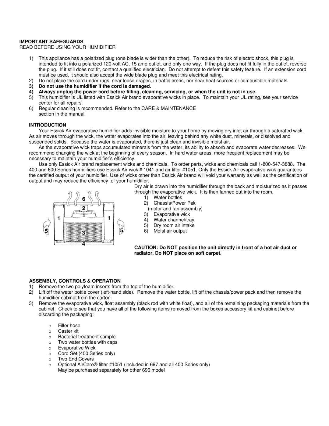 Essick Air 4D7 300, 447 302, 697 500 manual Important Safeguards, Introduction, ASSEMBLY, Controls & Operation 