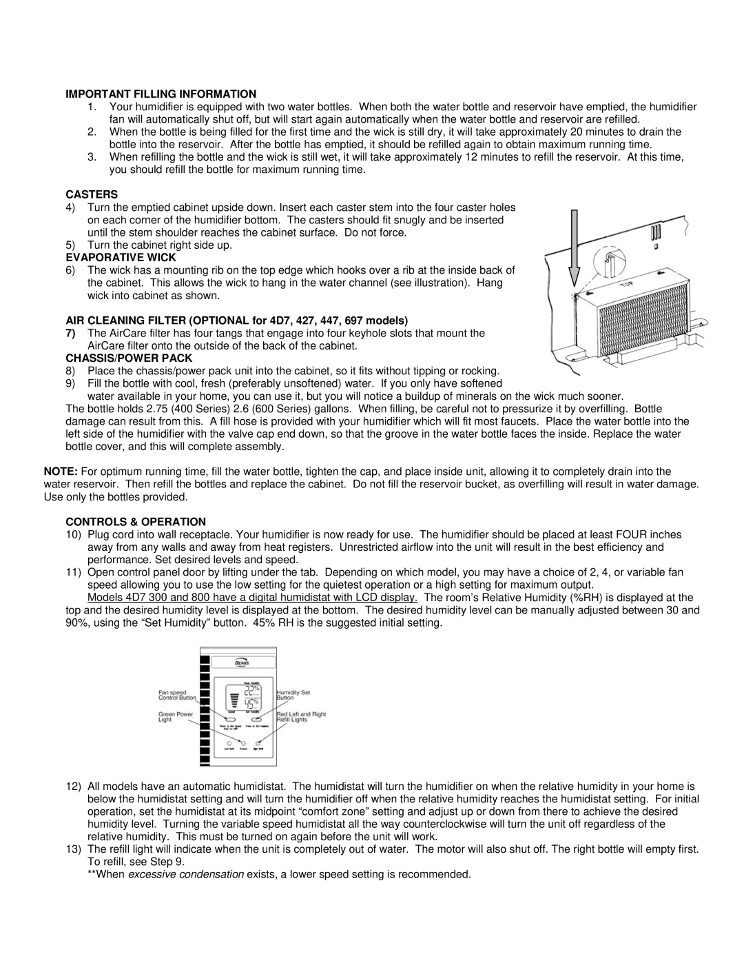 Essick Air 447 302 Important Filling Information, Casters, Evaporative Wick, CHASSIS/POWER Pack, Controls & Operation 