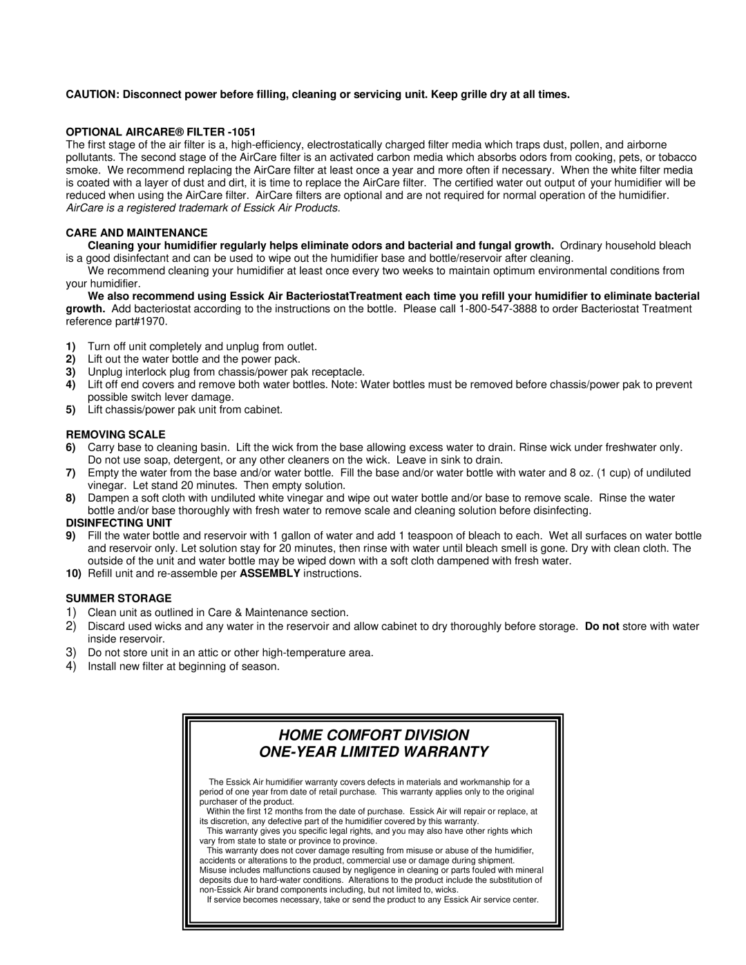Essick Air 697 500 manual Optional Aircare Filter, Care and Maintenance, Removing Scale, Disinfecting Unit, Summer Storage 