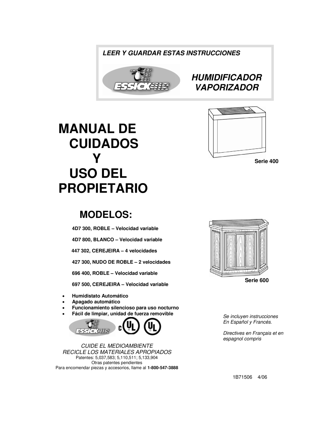 Essick Air 4D7 300, 447 302, 697 500 manual Manual DE Cuidados USO DEL Propietario, Modelos, Serie 