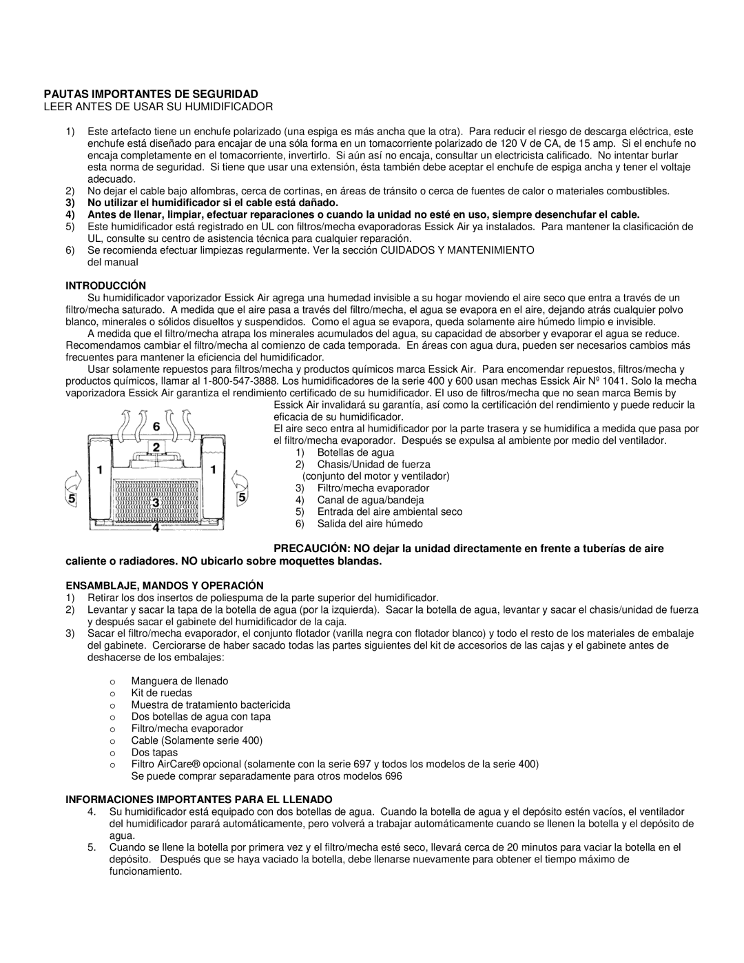 Essick Air 447 302, 697 500, 4D7 300 manual Pautas Importantes DE Seguridad, Introducción, ENSAMBLAJE, Mandos Y Operación 