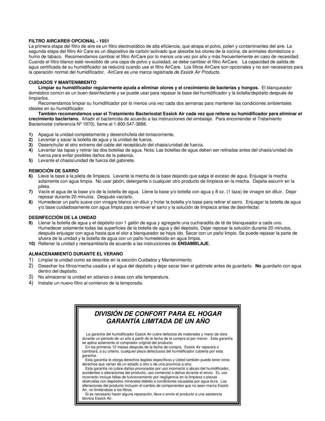 Essick Air 4D7 300 manual Filtro Aircare Opcional, Cuidados Y Mantenimiento, Remoción DE Sarro, Desinfección DE LA Unidad 