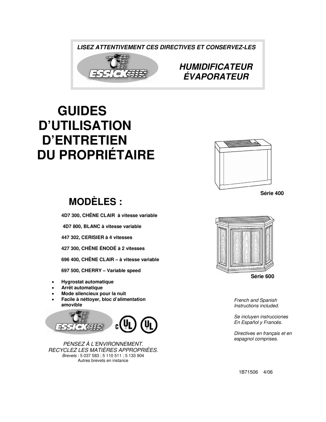 Essick Air 447 302, 697 500, 4D7 300 manual Guides ’UTILISATION ’ENTRETIEN DU Propriétaire, Modèles, Série 