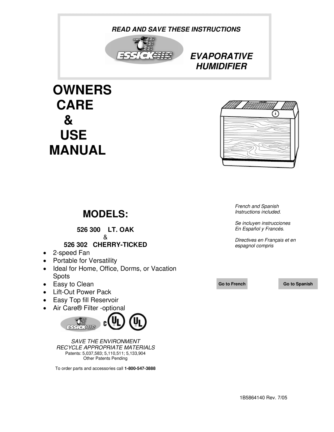 Essick Air 526 300 manual Models, 526 302 CHERRY-TICKED, Save the Environment Recycle Appropriate Materials 