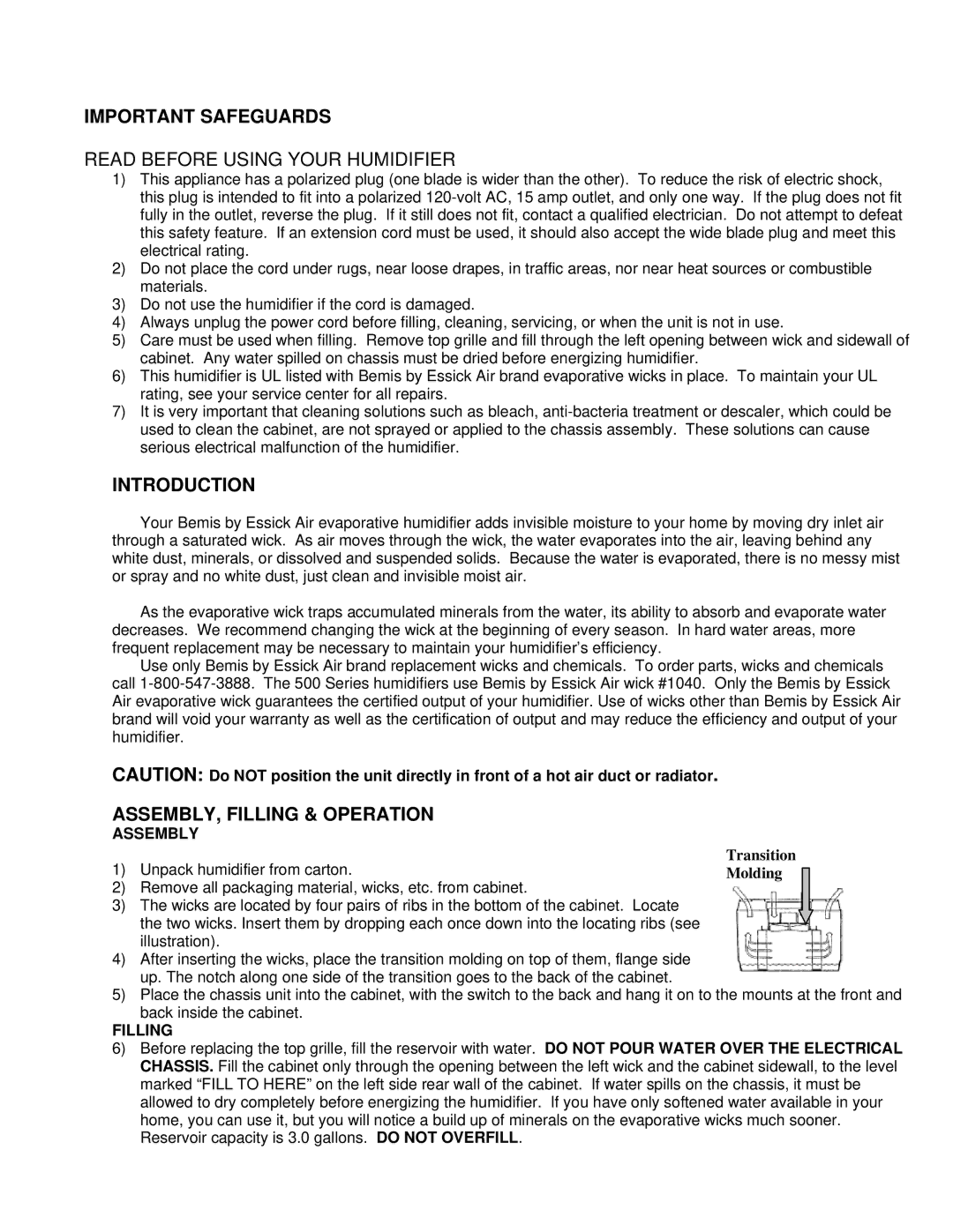 Essick Air 526 300 Important Safeguards, Read Before Using Your Humidifier, Introduction, ASSEMBLY, Filling & Operation 