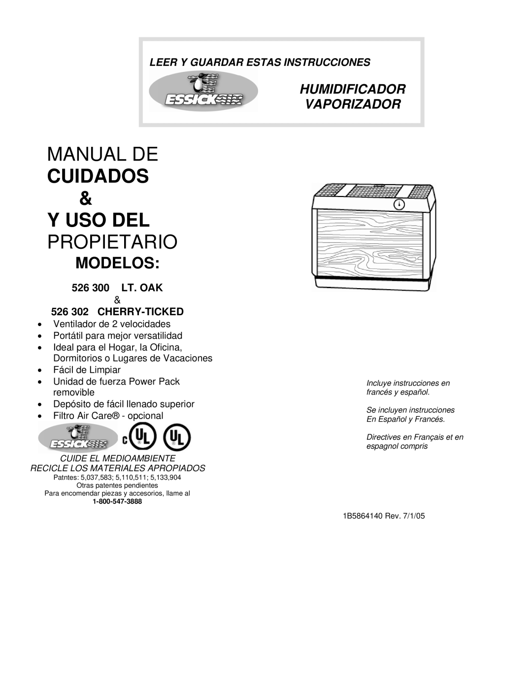 Essick Air 526 300, 526 302 manual Modelos, Cuide EL Medioambiente Recicle LOS Materiales Apropiados 