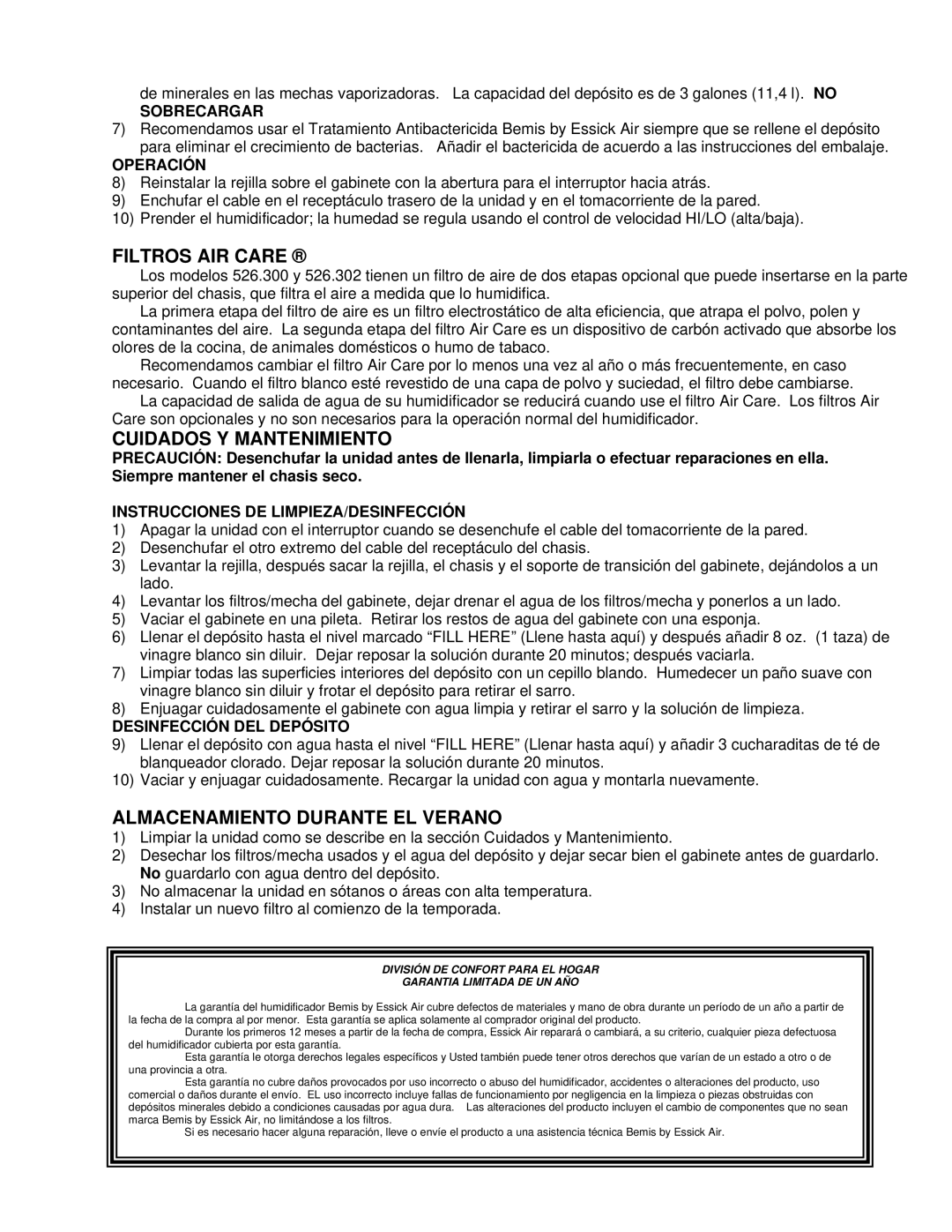 Essick Air 526 300, 526 302 manual Filtros AIR Care, Cuidados Y Mantenimiento, Almacenamiento Durante EL Verano 