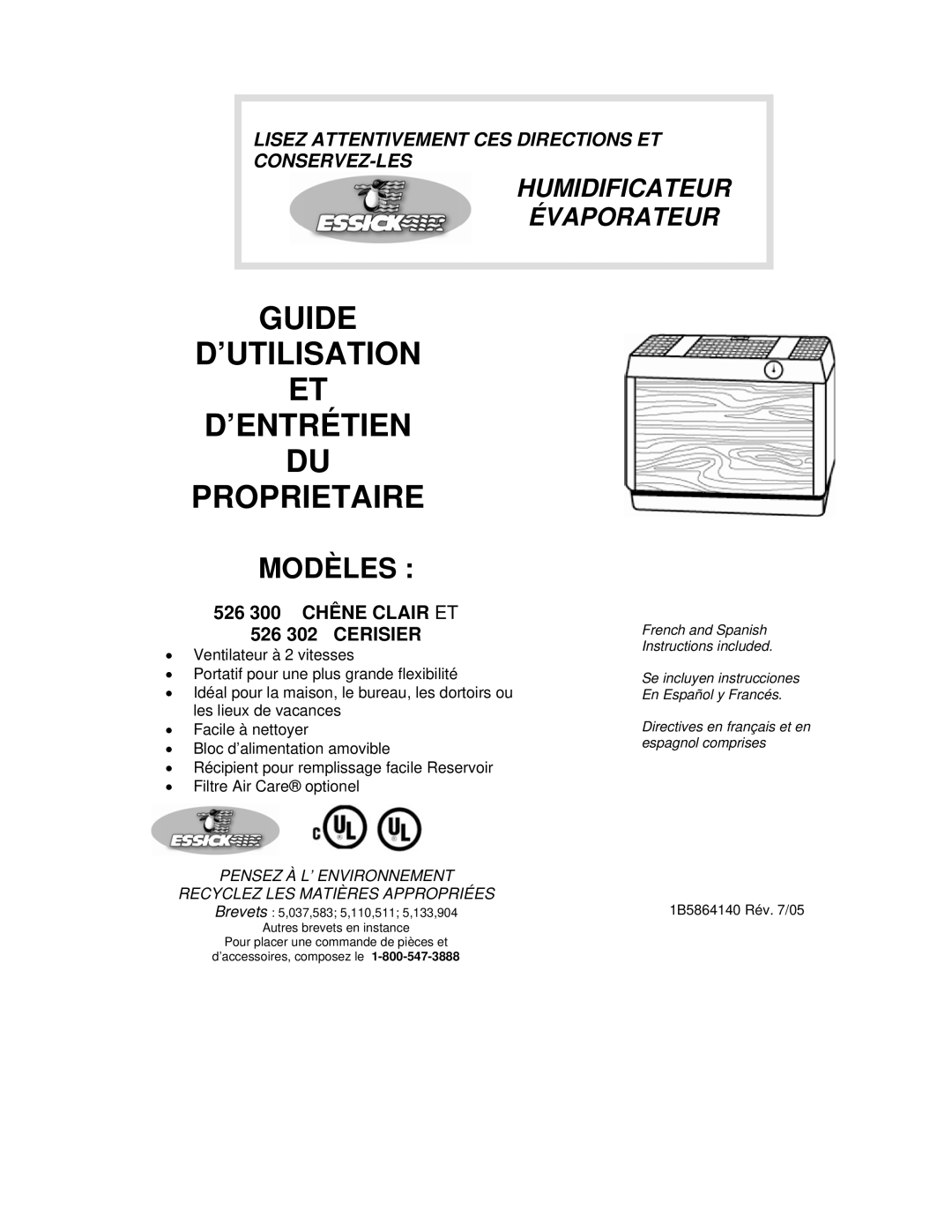 Essick Air 526 302 manual Modèles, 526 300 Chêne Clair ET, Pensez À L’ Environnement Recyclez LES Matières Appropriées 