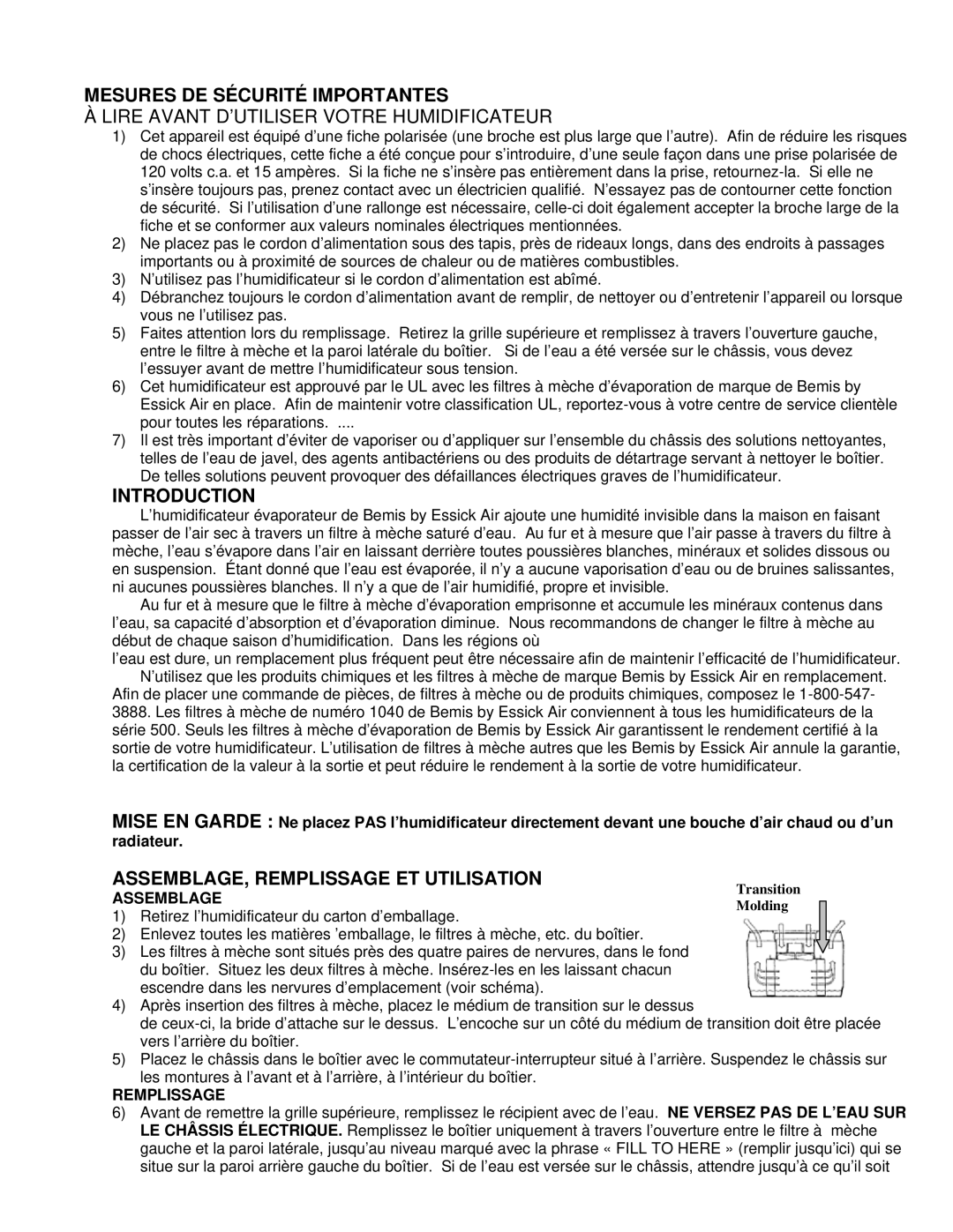 Essick Air 526 300 Mesures DE Sécurité Importantes, Lire Avant D’UTILISER Votre Humidificateur, Assemblage, Remplissage 