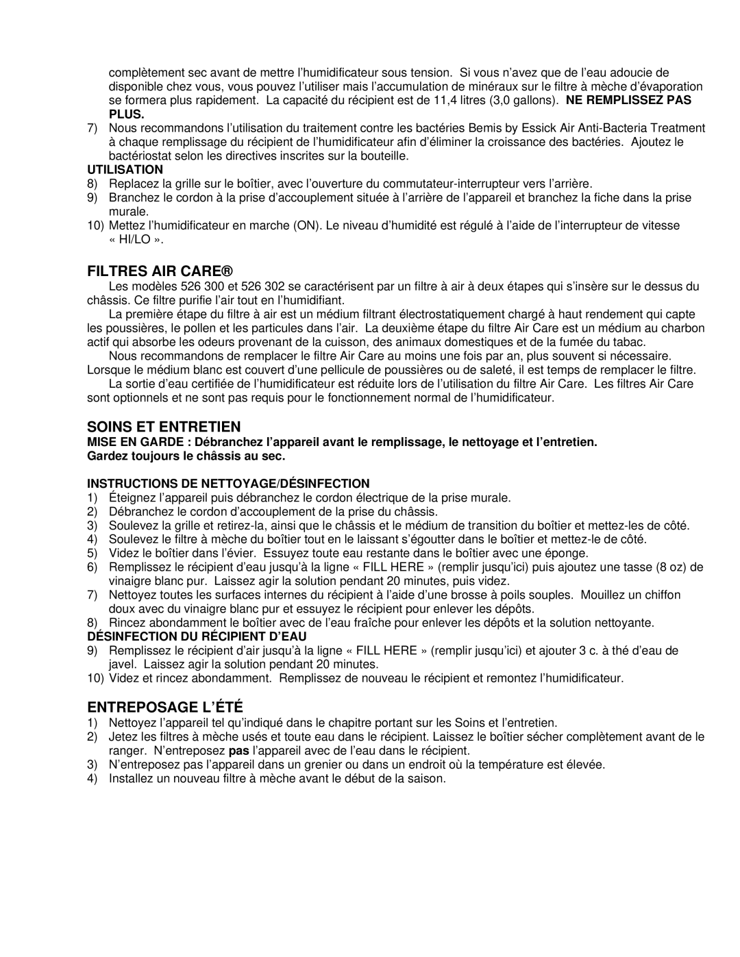 Essick Air 526 302, 526 300 manual Filtres AIR Care, Soins ET Entretien, Entreposage L’ÉTÉ 