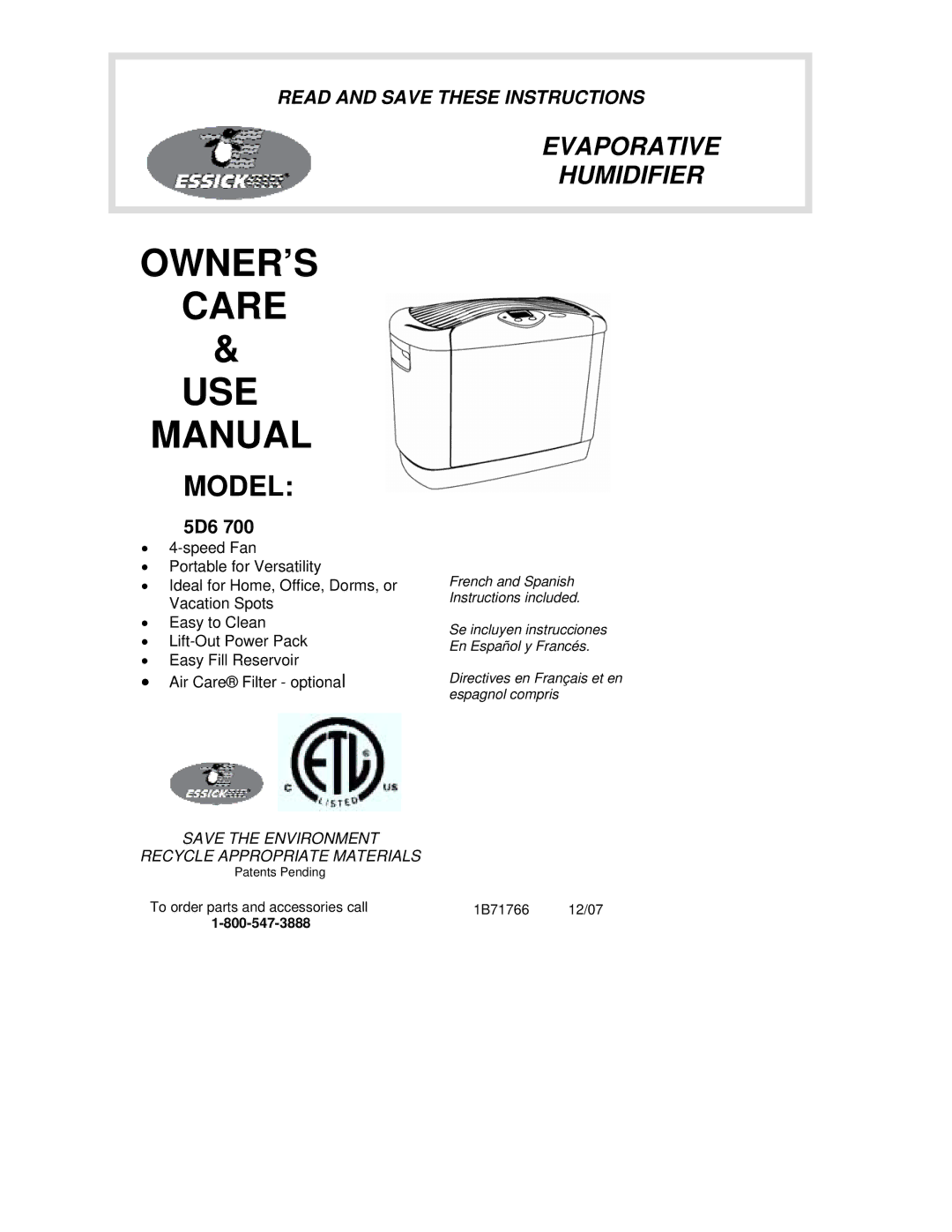 Essick Air 5D6 700 manual OWNER’S Care USE Manual, Model 