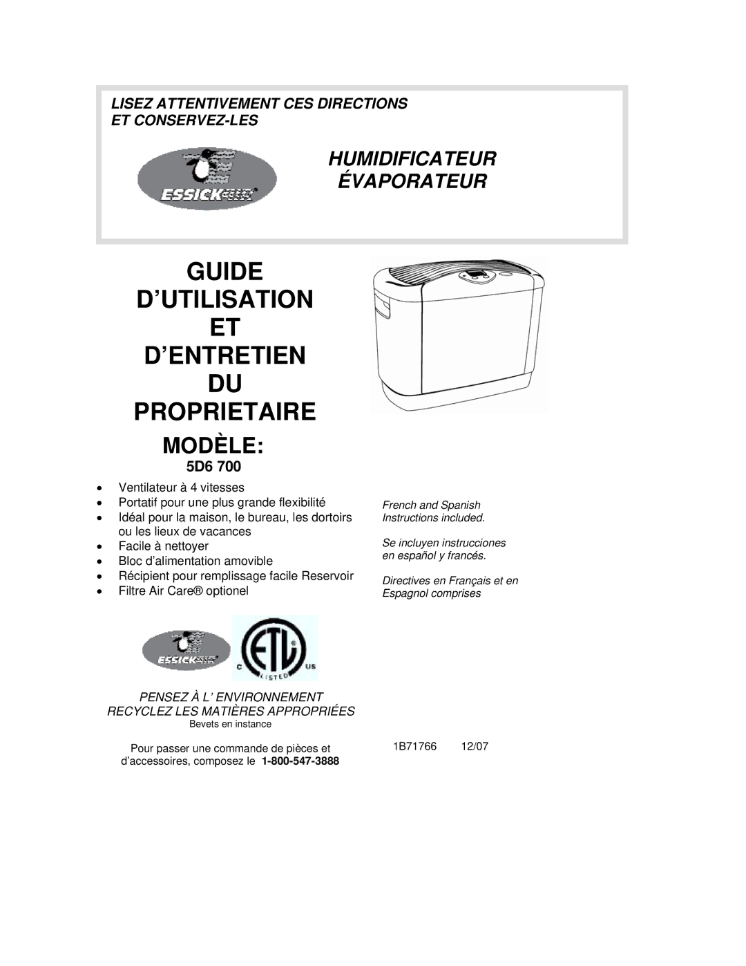 Essick Air 5D6 700 manual Guide ’UTILISATION ’ENTRETIEN Proprietaire, Modèle 