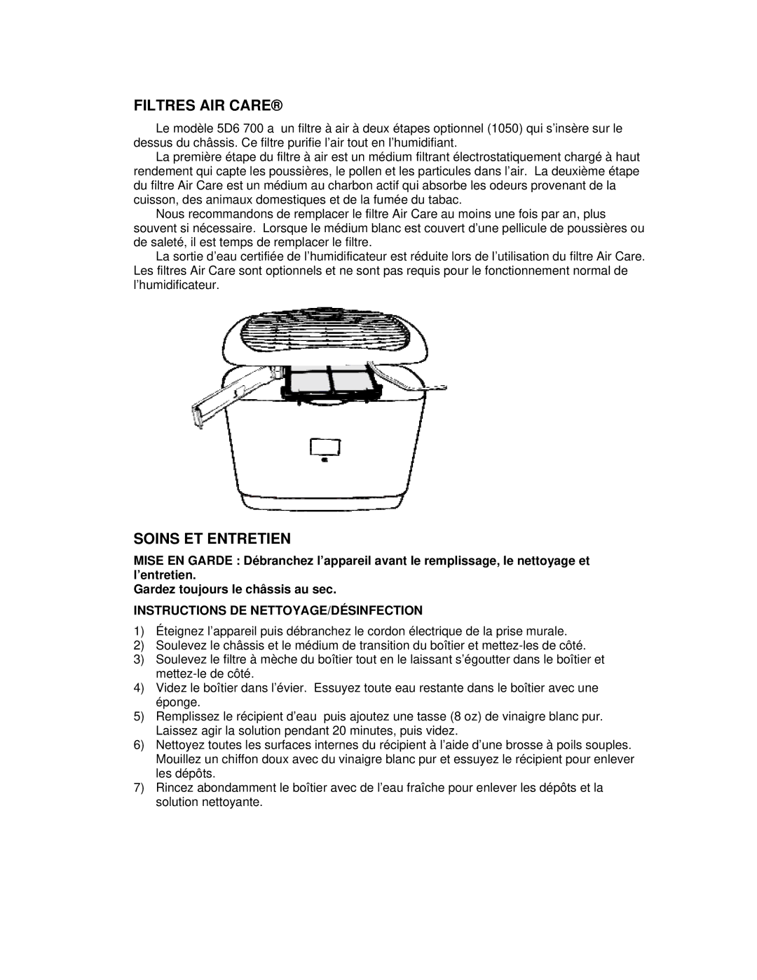 Essick Air 5D6 700 manual Filtres AIR Care, Soins ET Entretien, Instructions DE NETTOYAGE/DÉSINFECTION 