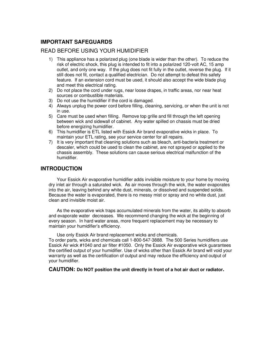 Essick Air 5D6 700 manual Important Safeguards, Introduction 