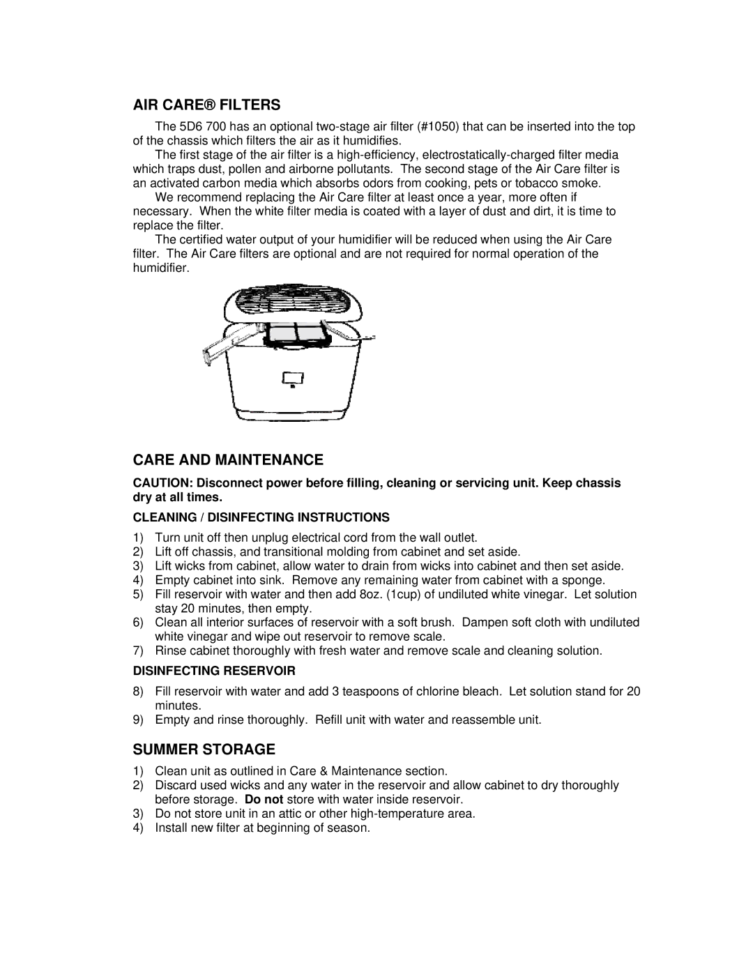 Essick Air 5D6 700 manual AIR Care Filters, Care and Maintenance, Summer Storage, Cleaning / Disinfecting Instructions 