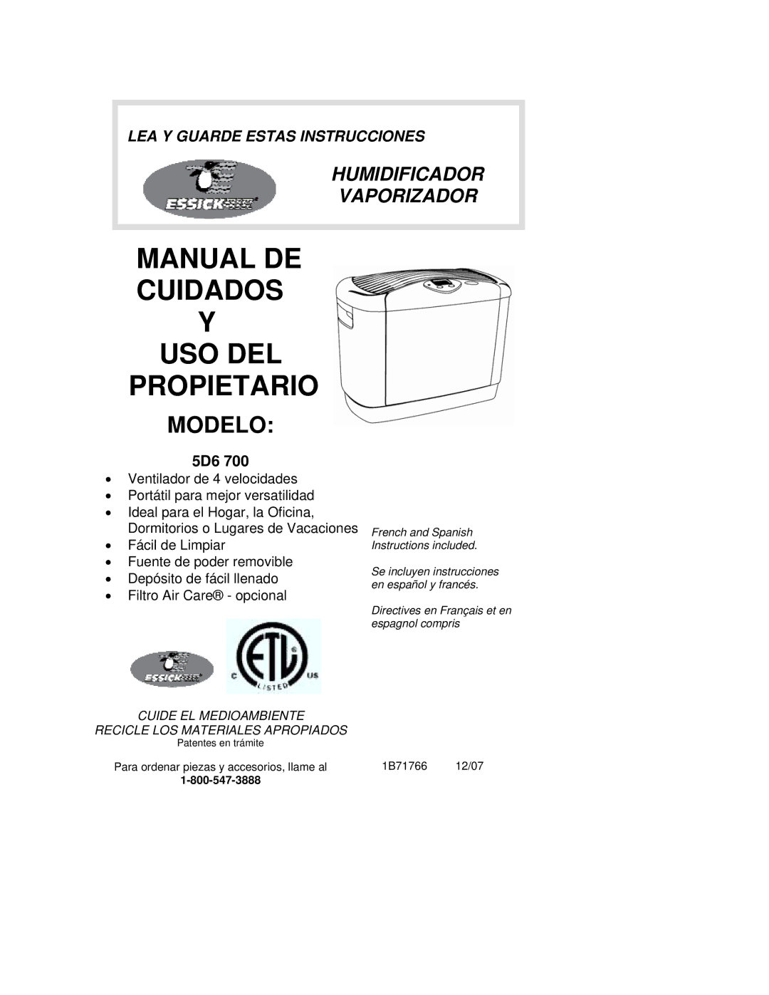 Essick Air 5D6 700 manual Manual DE Cuidados Y USO DEL Propietario, Modelo 