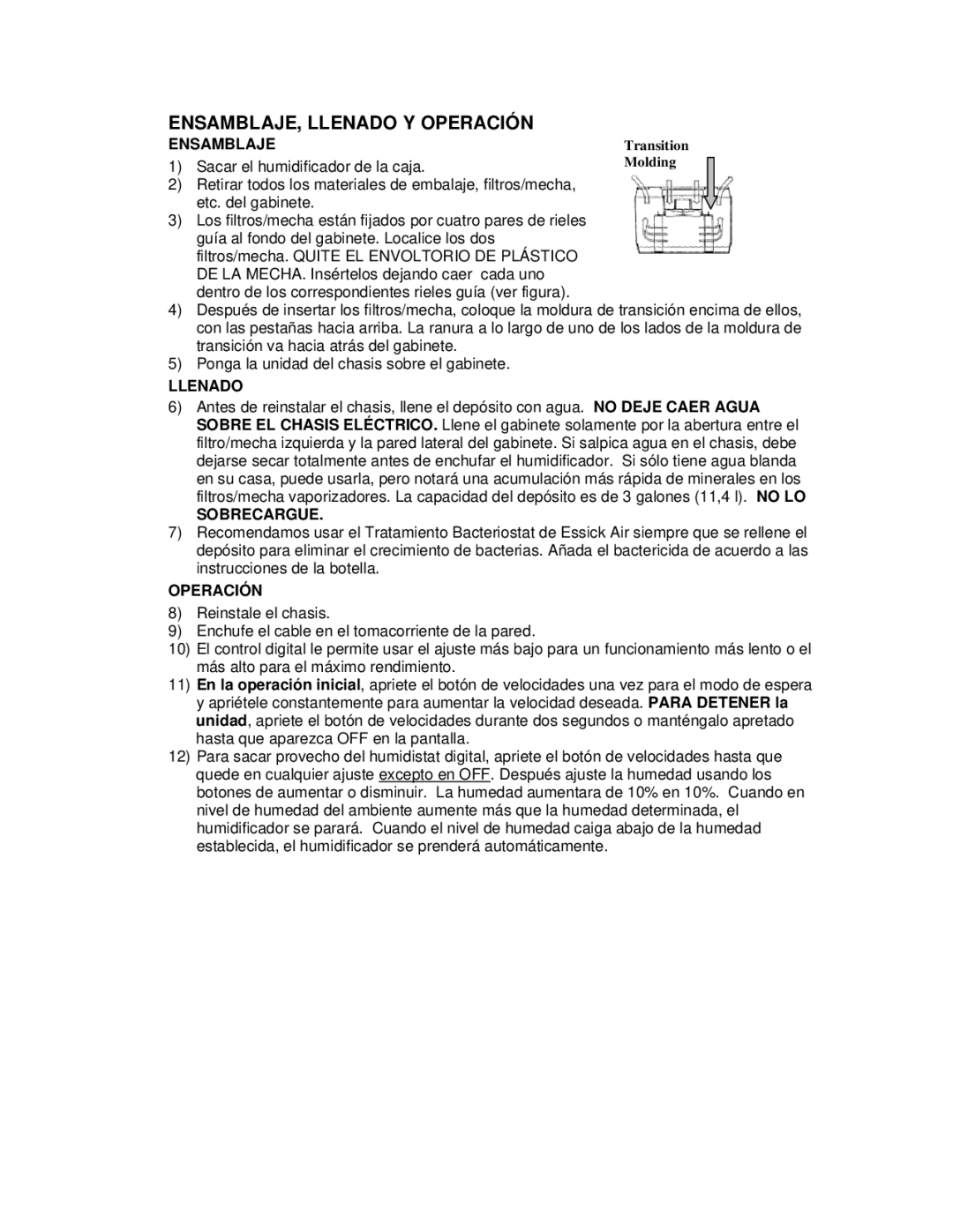 Essick Air 5D6 700 manual ENSAMBLAJE, Llenado Y Operación, Ensamblaje, Sobrecargue 