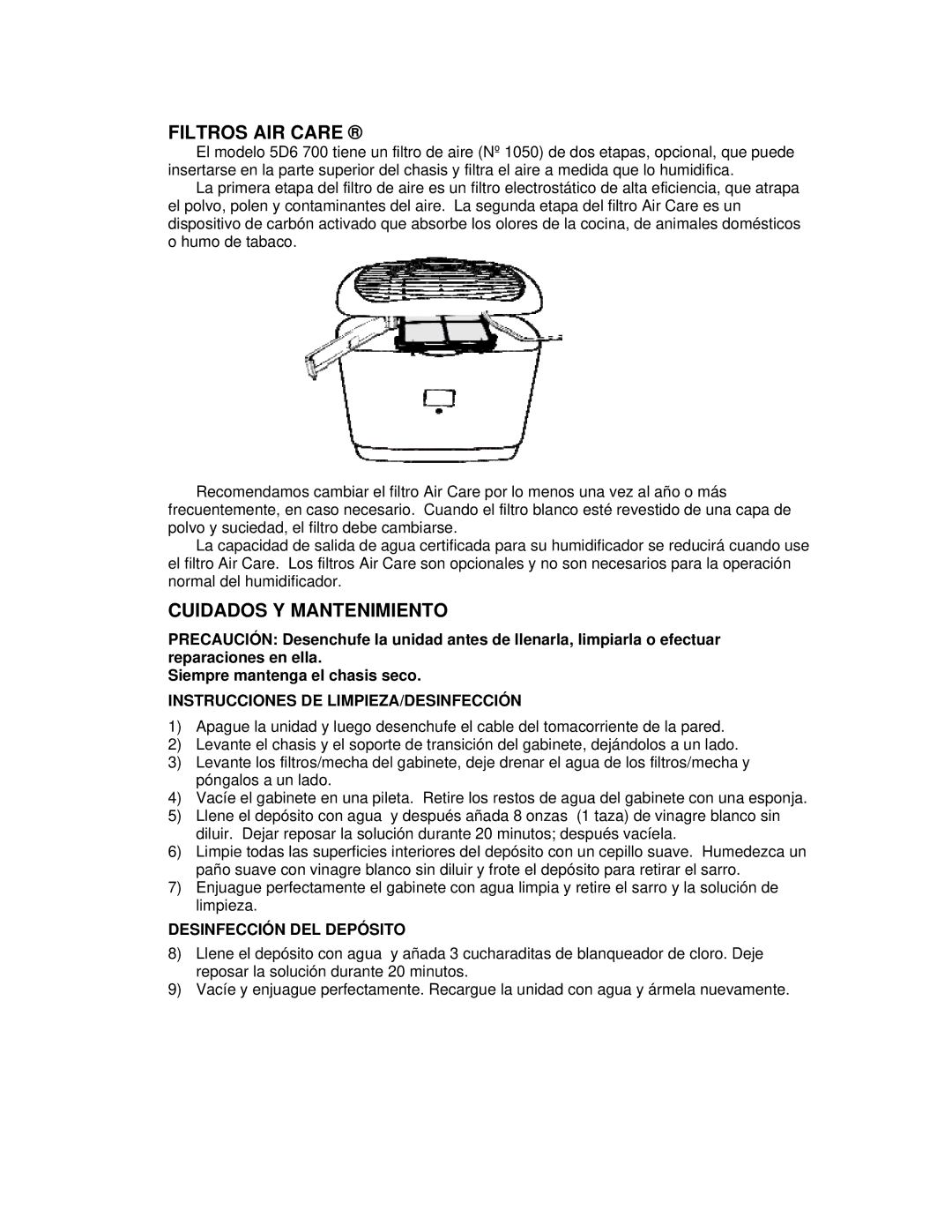 Essick Air 5D6 700 manual Filtros AIR Care, Cuidados Y Mantenimiento, Instrucciones DE LIMPIEZA/DESINFECCIÓN 