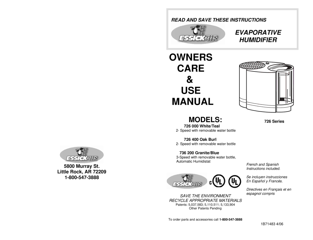 Essick Air 726 000, 726 400, 736 200, 726 series manual Owners Care USE Manual, Models 