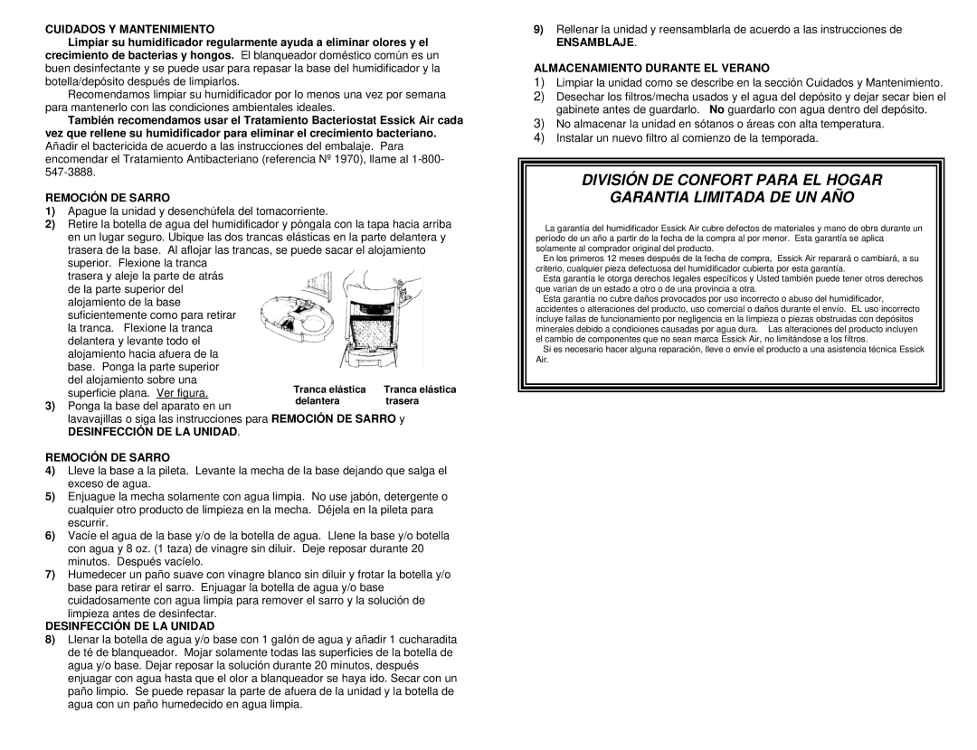 Essick Air 736 200, 726 400, 726 000, 726 series Cuidados Y Mantenimiento, Desinfección DE LA Unidad Remoción DE Sarro 