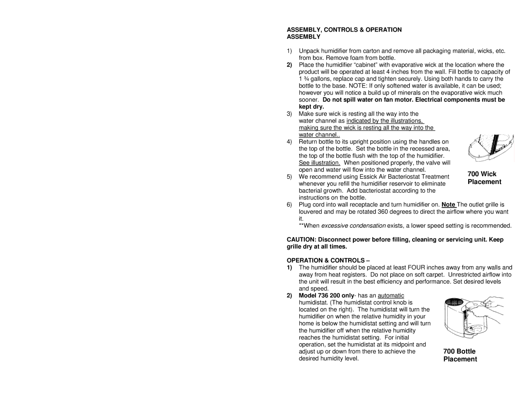 Essick Air 726 series, 726 400, 726 000, 736 200 manual ASSEMBLY, Controls & Operation Assembly, Operation & Controls 