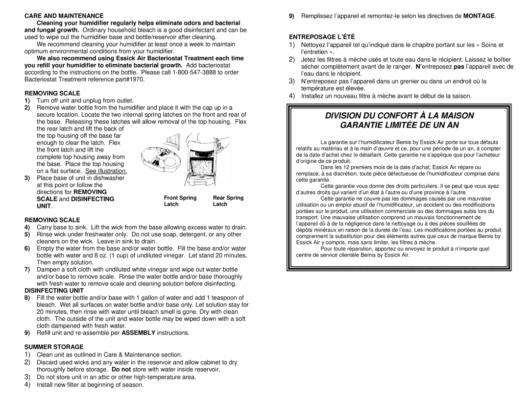 Essick Air 726 400, 726 000 Care and Maintenance, Removing Scale, Disinfecting Unit, Summer Storage, Entreposage L’ÉTÉ 