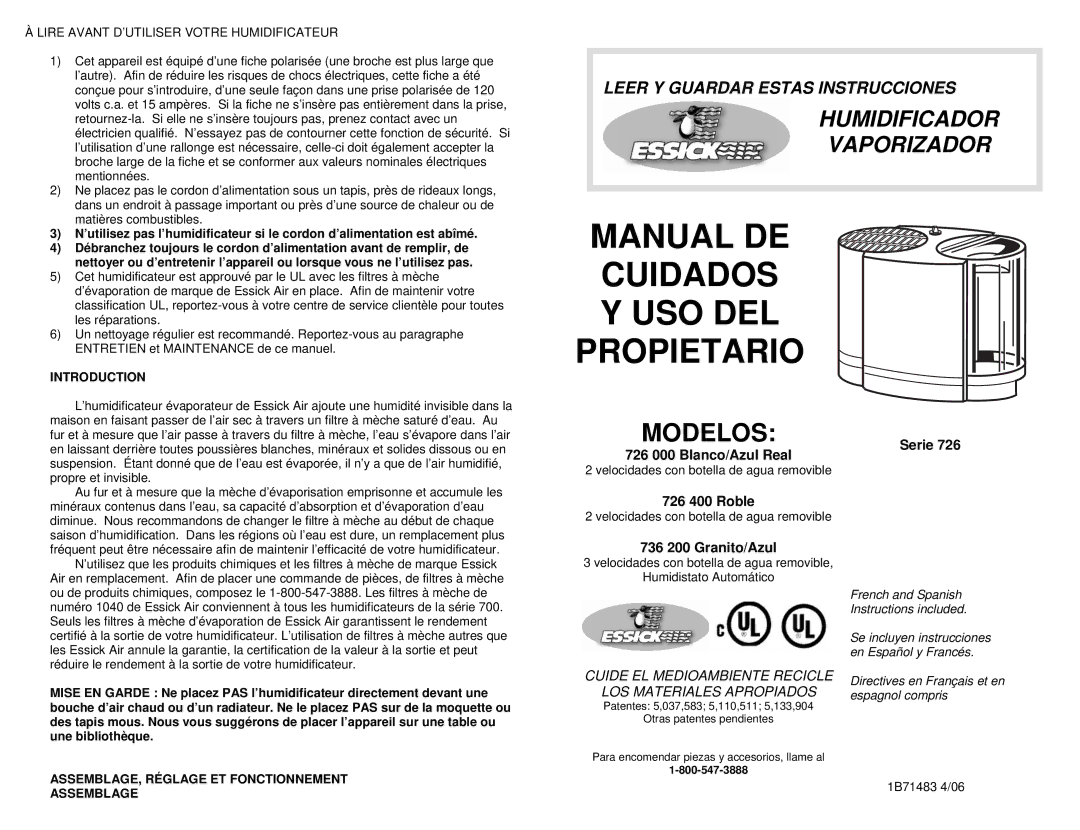 Essick Air 726 series, 726 400, 726 000, 736 200 manual Manual DE Cuidados USO DEL Propietario, Modelos 