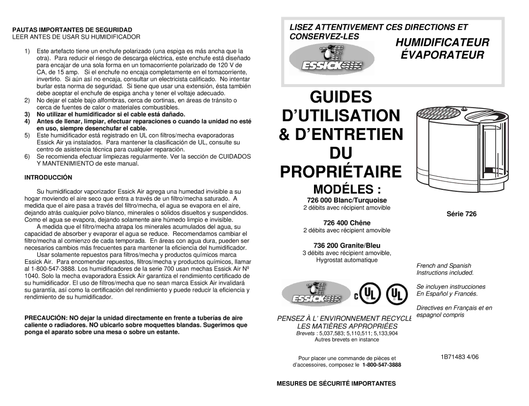 Essick Air manual Guides ’UTILISATION ’ENTRETIEN DU Propriétaire, Modéles, 726 000 Blanc/Turquoise, Série 726 400 Chêne 