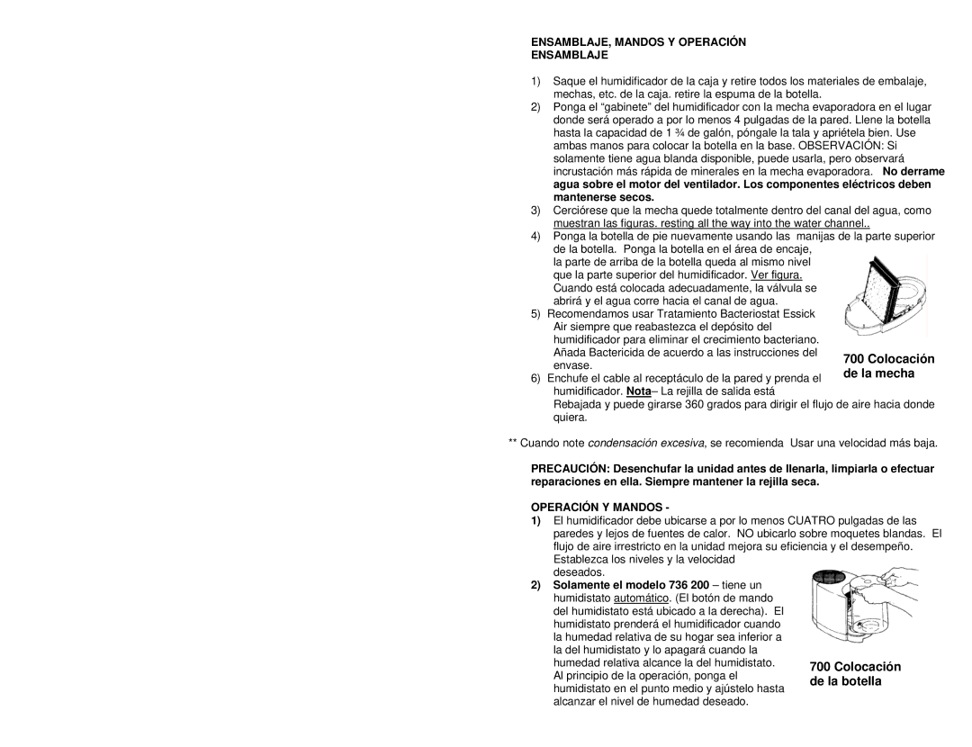 Essick Air 726 000, 726 400, 736 200, 726 series manual ENSAMBLAJE, Mandos Y Operación Ensamblaje, Operación Y Mandos 