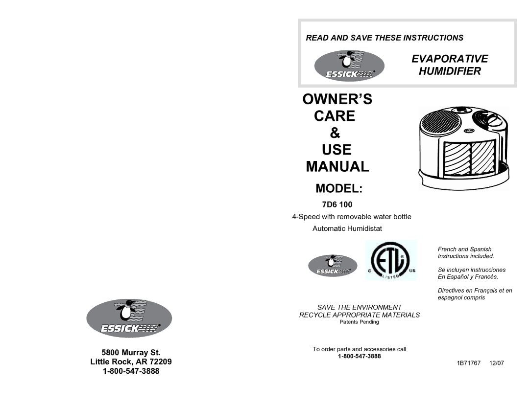 Essick Air 7D6 100 manual OWNER’S Care USE Manual, Model 